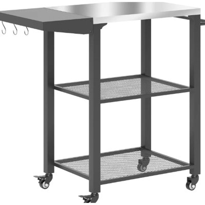 Chariot de barbecue pliable pour table d'appoint, plateau en acier inoxydable, trois crochets et deux tablettes grillagées, convient pour servir H 31,1 po