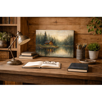 Cozy Cabin by the Lake - Rustic Wood Panel Canvas Art