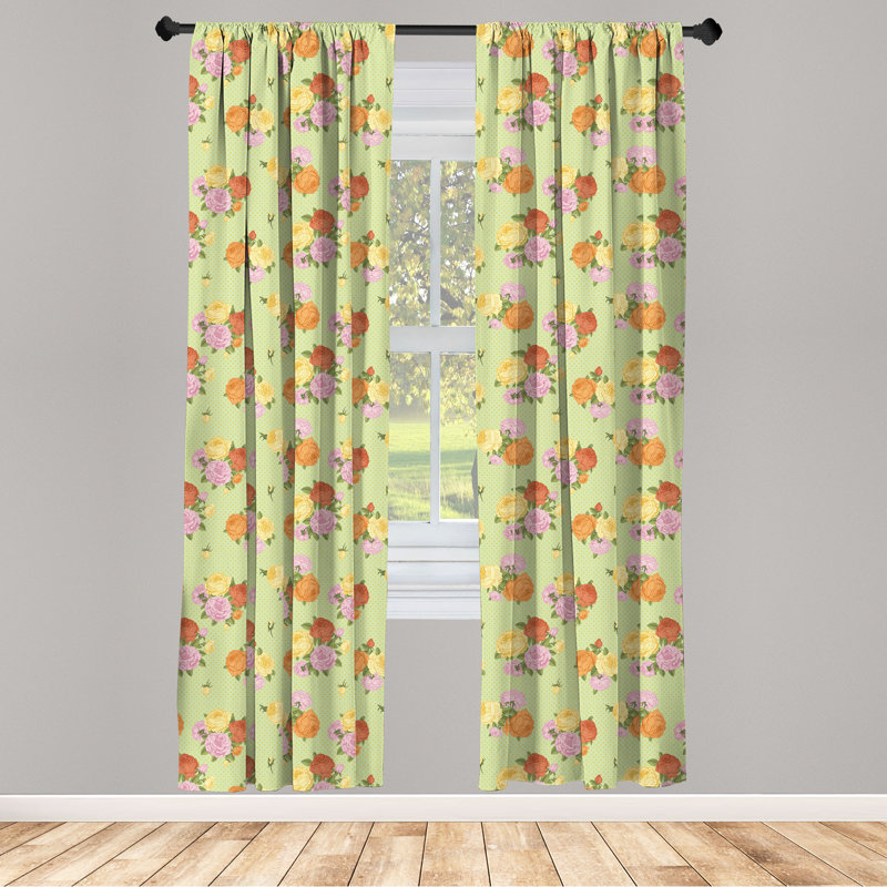Ambesonne Shabby Flora 4-Panel Curtains, Vintage Flower Rose, Pale Green Pale Pink, 56" W x 63" L