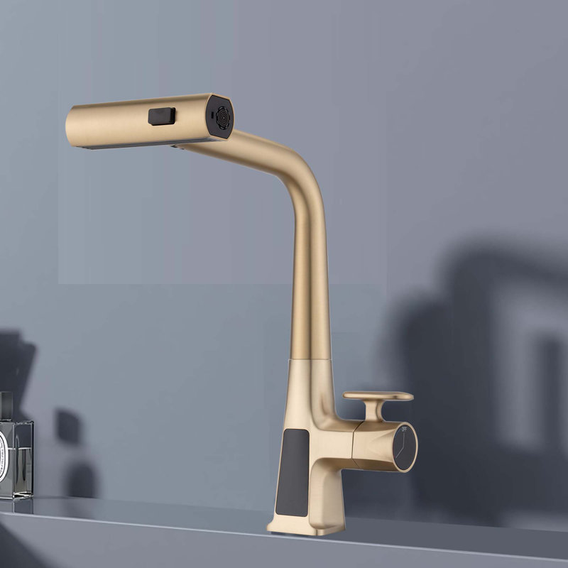 Robinet de cuisine moderne à poignée simple rotatif à 360 ° avec trois modes de sortie d'eau, affichage de la température et pulvérisateur rétractable