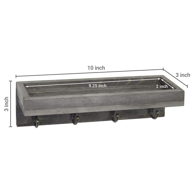 Solid Wood Wall Organizer with Key Hooks, Grey
