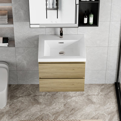 Meuble-lavabo de salle de bain avec lavabo 24 po, armoire moderne en comptoir en résine de chêne naturel et tiroirs à fermeture en douceur pour une armoire flottante, un comptoir et un tiroir sophistiqués