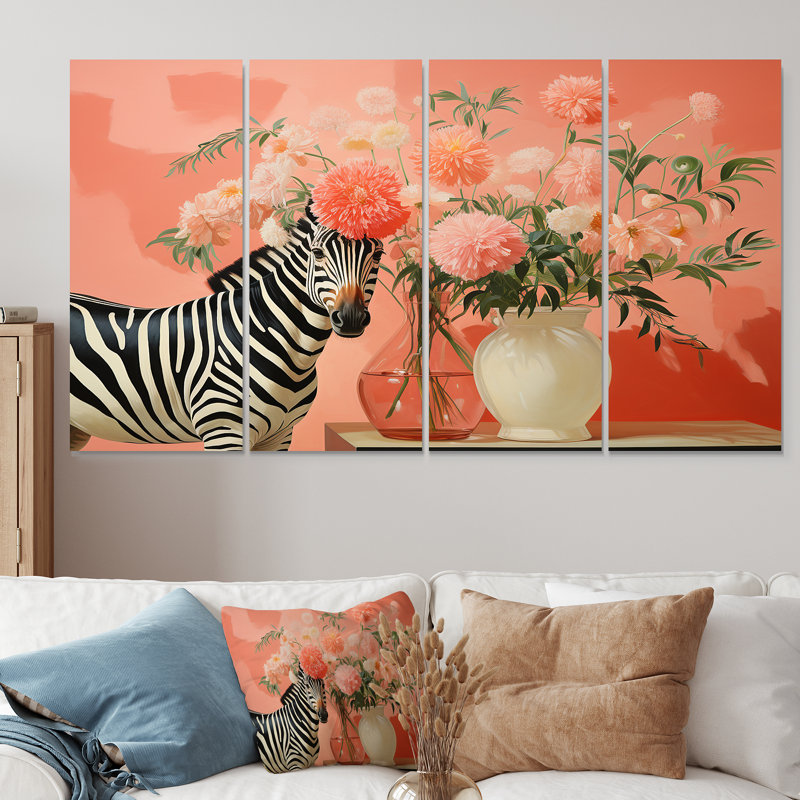 «Zebra I» rose et vert, art mural 4 pièces, H 32 po x l 64 po