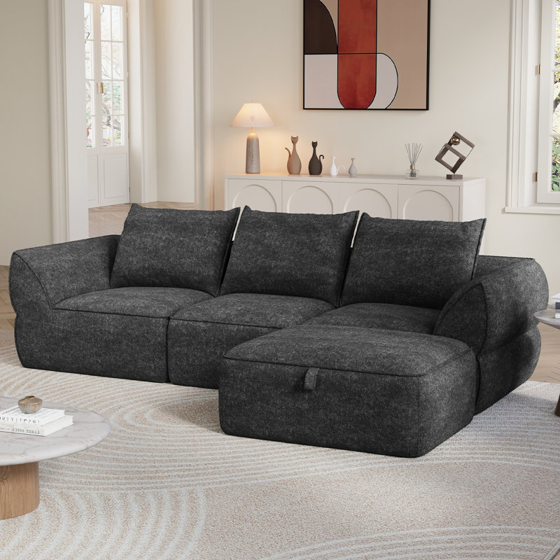 Boneless 104" Modular Sectional Sofa with Deep Seat, Comfortable Upholstery L Shaped Cloud Couch for Living Room, 3-Seater Boneless Sofa with Movable Ottoman, Removable Cover, No Assembly Required
