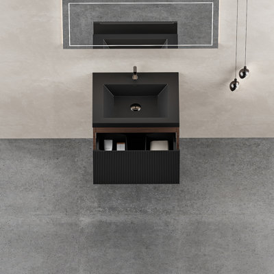Ensemble de meuble-lavabo flottant 24 po avec lavabo, meuble-lavabo mural moderne rayé avec tiroirs à fermeture en douceur et cuve à quartz, 24V16-24WAB fumé