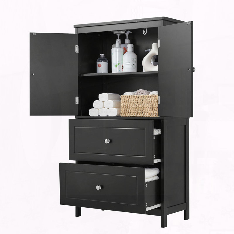 Storage Cabinet with Two Doors, Two Drawers, and Adjustable Shelf, Noir