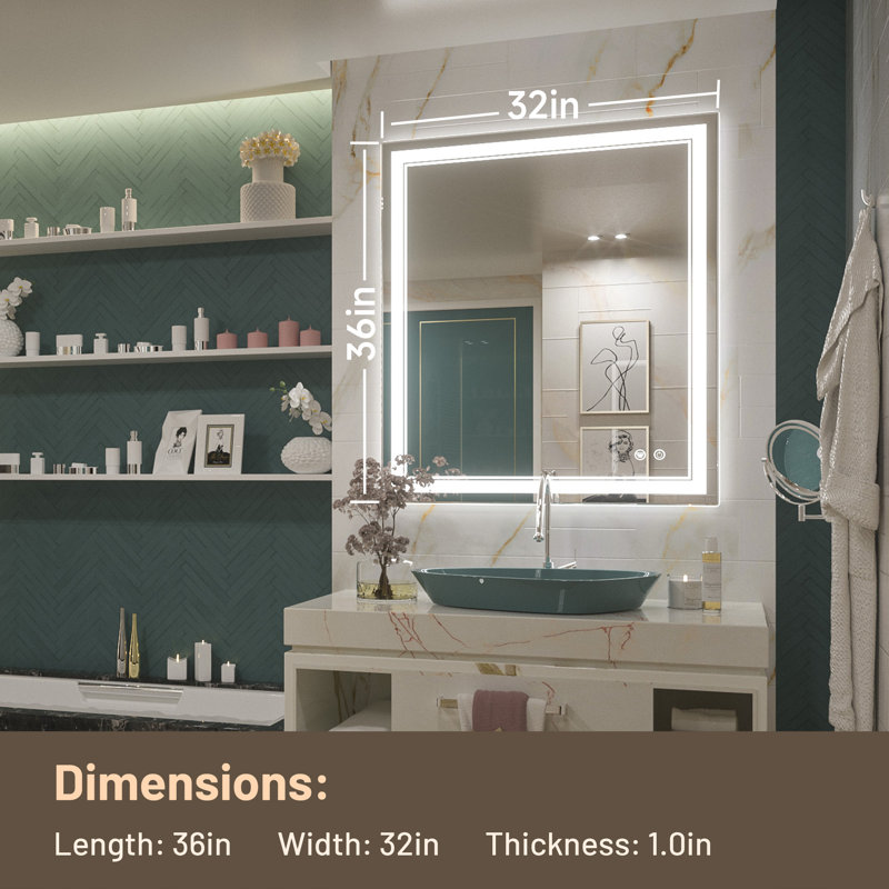 LED Lighted Bathroom / Vanity Mirror with Brightness Adjustable, Memory Function, Anti-fog, 36" x 32"
