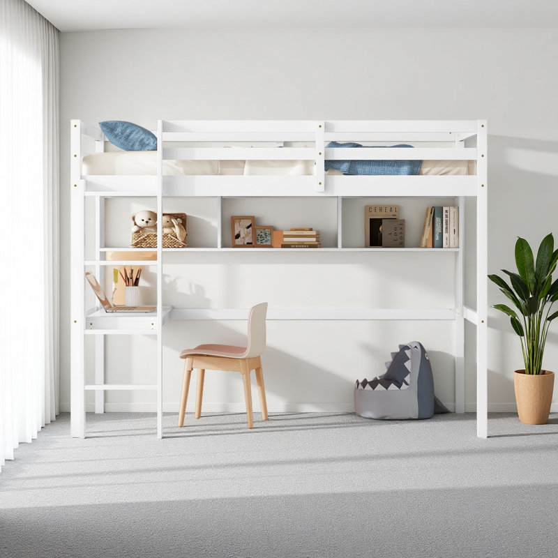Lit mezzanine simple avec bureau et tablettes, barrière de sécurité et échelle, Blanc