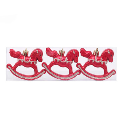 Christmas Rocking Horse Ornaments 3 Pack Shiny Metallic Glitter Rocking Horse Baubles 8cm Vintage Mini Hanging Decorations For Xmas Tree