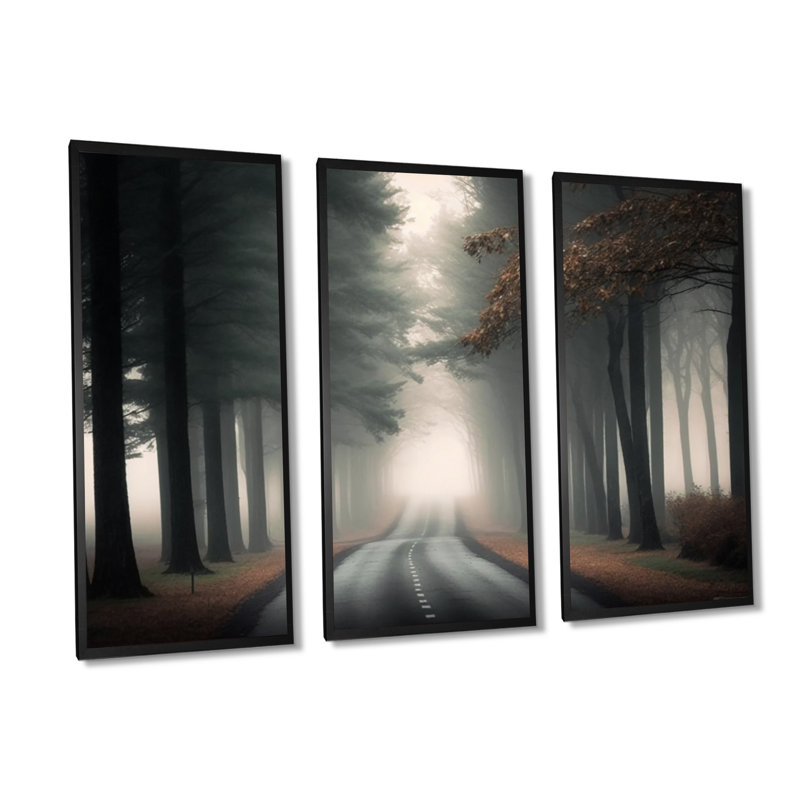 «Misty Road Through the Forest I», reproduction de 3 pièces, Cadre flottant noir, H 32 po x l 48 po x P 1 po