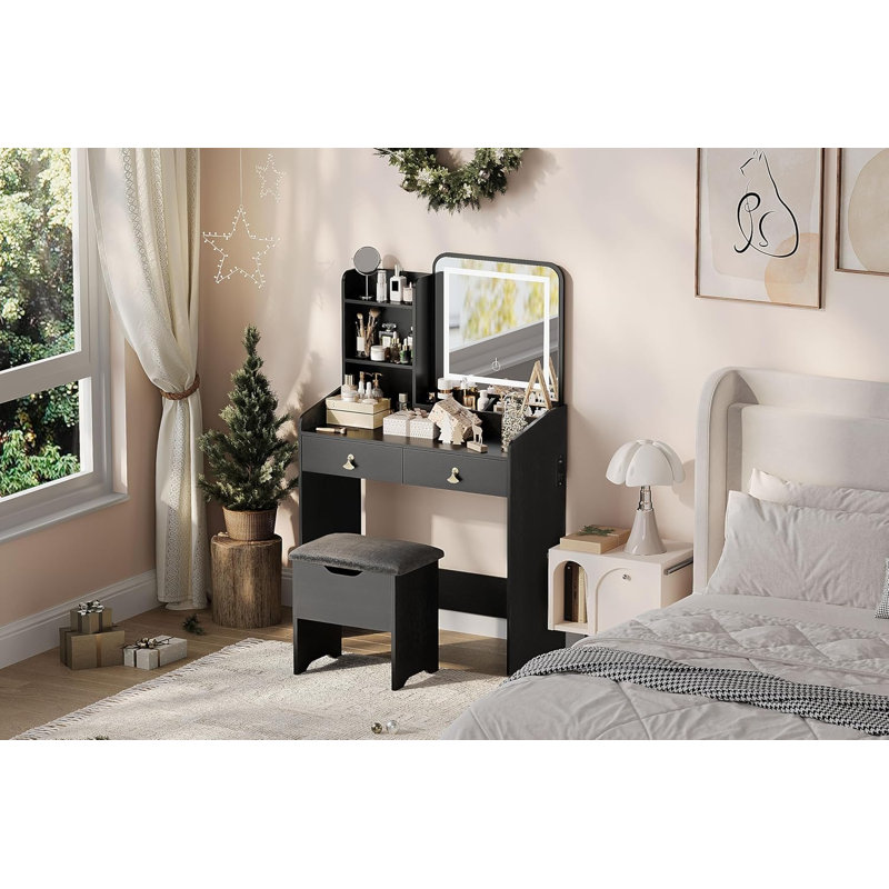 Dressing Table with Mirror & Stool, MDF Vanity Set with 2 Drawers, Black Finish, Black