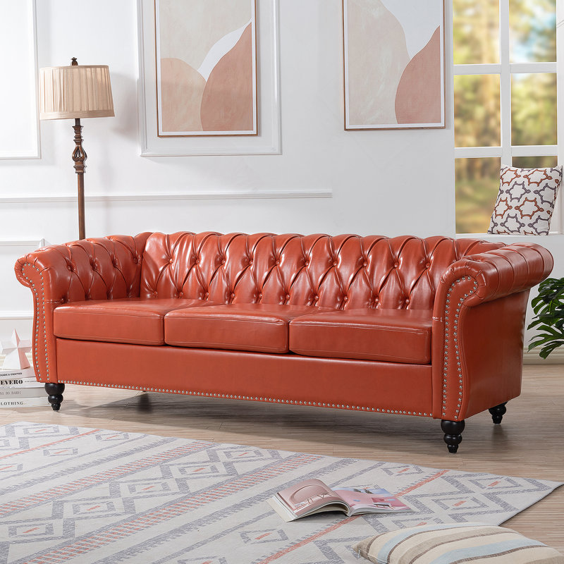 Canapé Chesterfield à accoudoirs roulés 84 po 3 places, Orange