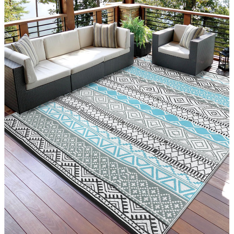 Plastic Straw Rug for Porch, Backyard, Balcony, Picnic, Blue, Rectangle 9' x 12'