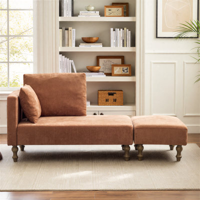 Ensemble chaise longue et repose-pieds en chenille moderne de 50 pouces de long, avec coussin et pieds en bois massif