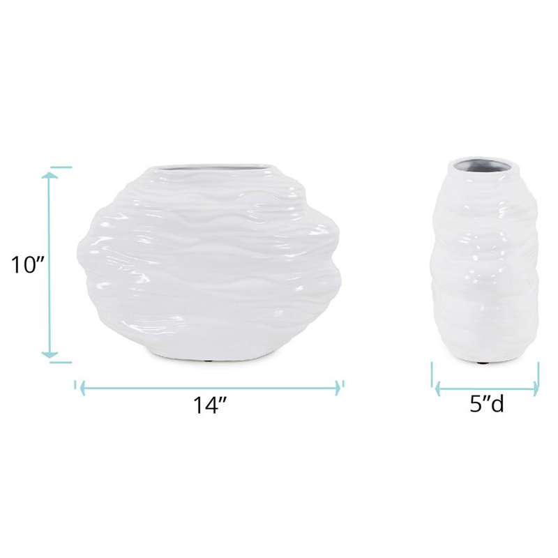 Lamarra Hand Finished Glossy White Ceramic Flowing Wave Vase, Overall Height - 10"