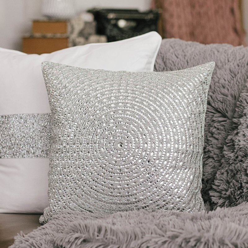 Gatsby Pillow, Luxe Glass Rhinestones on Velvet with Feather Insert, Silver