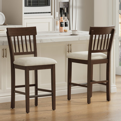 25.59'' Upholstered Counter Height Bar Stool with Vertical Slatted Back and Solid Wood Legs