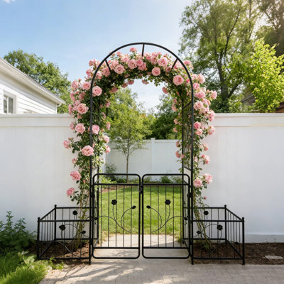 Arche de jardin en métal avec barrière et deux supports à plantes - 79,5 po de largeur x 86,6 po de hauteur, support pour plantes grimpantes, tonnelle d'extérieur, noir