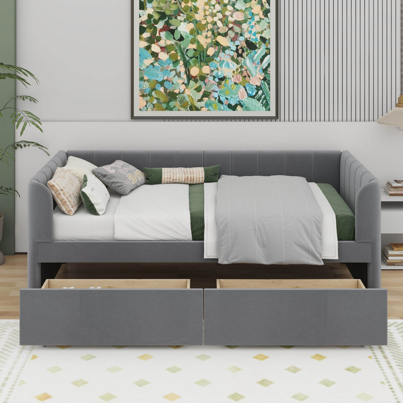 Lit de jour simple tapissier avec tiroirs, Gris