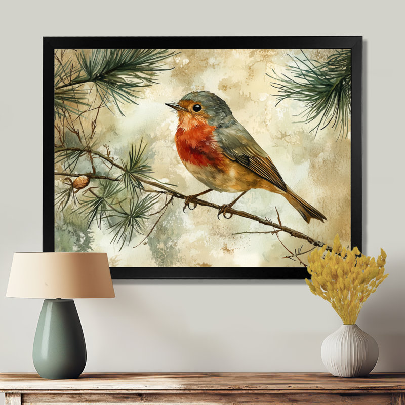 Robin, oiseau dans la canopée I - oiseau, art mural, Cadre simple, Noir, H 12 po x l 20 po