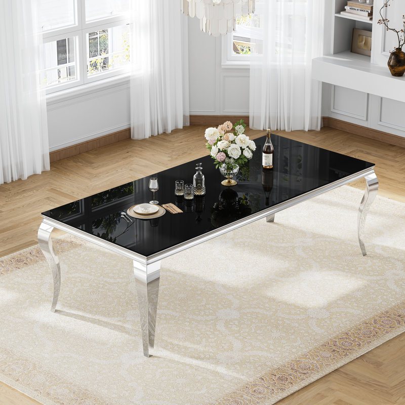 94" Oversized Black Glass Dining Table, Thick Rectangular Tempered Glass Top With Elegant Curved Polished Stainless Steel Legs