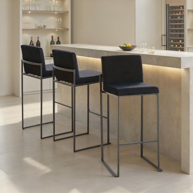 Brieon High Back Upholstered Bar & Counter Stool (Set of 2), Black Velvet, Black, Bar Stool"30"