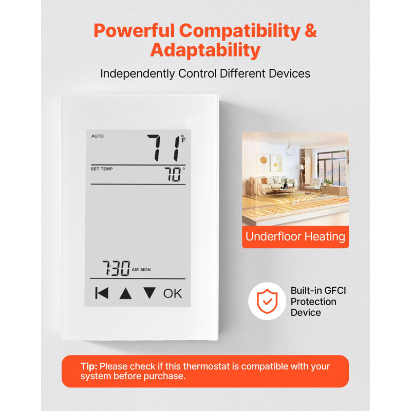 7-Day Programmable Thermostat, Home Thermostats For Radiant Underfloor Heating Cable, Heat Pump, With GFCI And Sensitive Sensor, LCD Touchscreen, Energy-Efficient, White (Without Wifi)