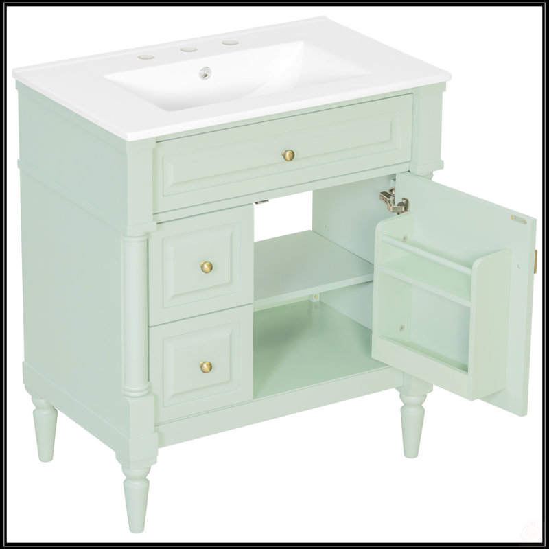 30 Inch Freestanding Bathroom Vanity With Ceramic Sink, Flip Drawer, And Adjustable Shelf For Modern Bathrooms, Green