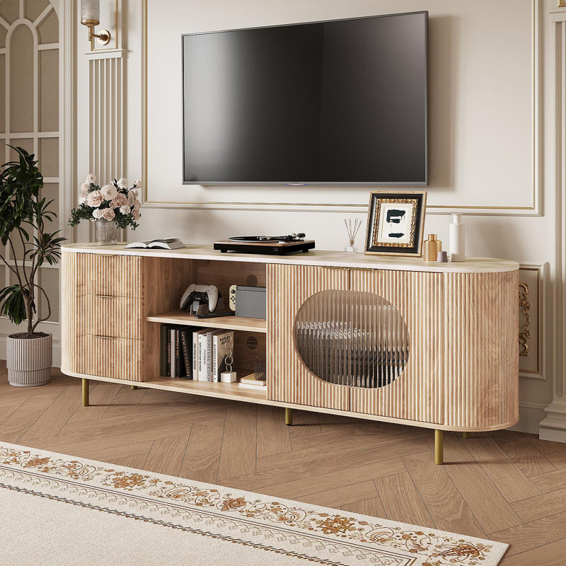 65 Inch Modern TV Stand, Fluted Media Console With Faux Marble Top, Gold Accents, Natural Oak, Oak