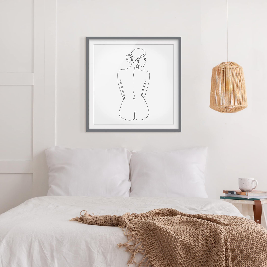 Gerahmtes Poster Line Art Nude Woman Back Black White