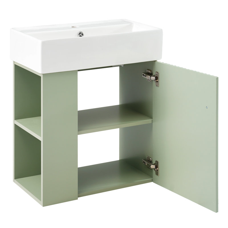 Modern Bathroom Vanity With Ceramic Basin And Wave-Patterned Door, Green