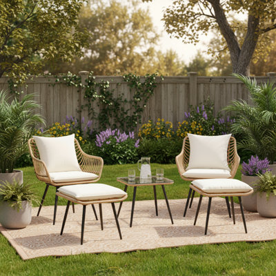 2 - Person Patio Conversation Sets with Cushions 5 Pieces Wicker Patio Bistro Outdoor Furniture Set with Cushions & Ottoman by FOREST HOME