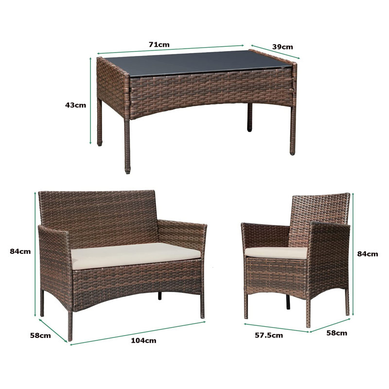 Lavedan Rattan 4 - Person Sofa Set with Cushions, Brown, Cream