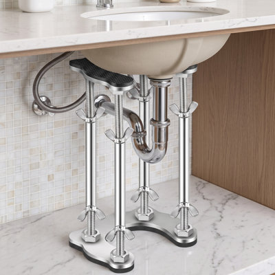 Support de lavabo encastré en acier inoxydable, tige de support réglable de 47 à 77 cm, support de lavabo robuste pour installation sous comptoir dans la cuisine et la salle de bain