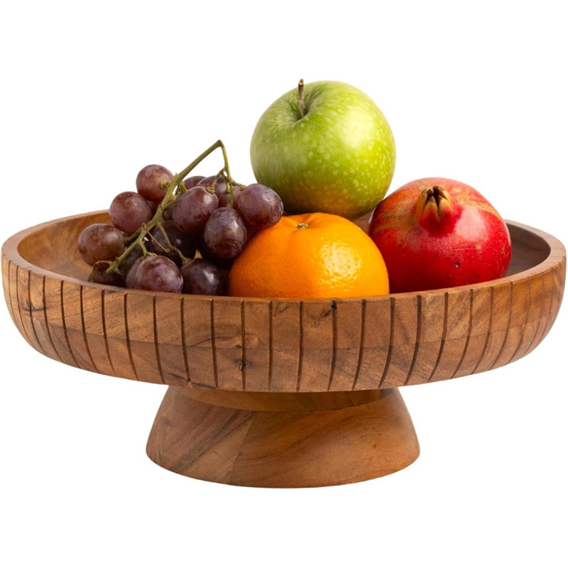 Bol à fruits en bois d'acacia avec piédestal | Diamètre de 12 po | Bol décoratif utilisé comme pièce maîtresse pour le comptoir de cuisine ou la table de salle à manger | Décoration de table en bois