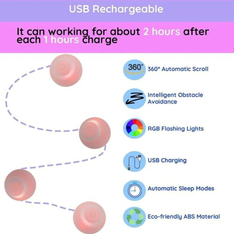 Jouet de balle intelligent en silicone durable pour animaux de compagnie auto-rotatif, chargement par USB Jouet d'enrichissement de chaton interactif avec batterie au lithium-ion rechargeable de 150 mAh pour l'exercice intérieur du chat et soulagement de l'ennui