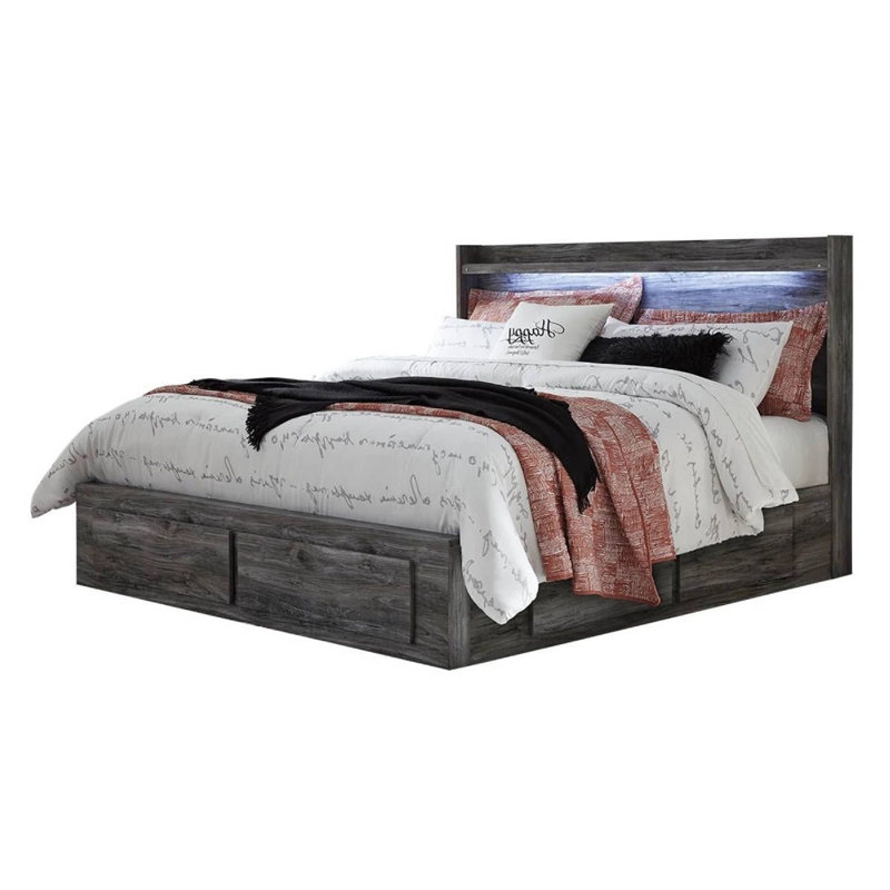 Lit très grand avec 4 tiroirs Bays, gris fumée, bois flotté, DEL, Grand