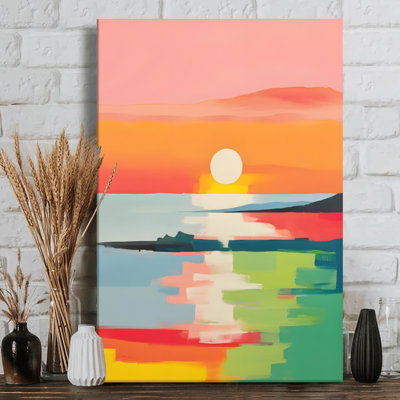 Coucher de soleil abstrait: Des couleurs vibrantes se marient avec un soleil blanc sur toile - style de peinture à l'huile impressionniste. Peinture moderne, galerie profonde de 1 po, 24 po x 36 po