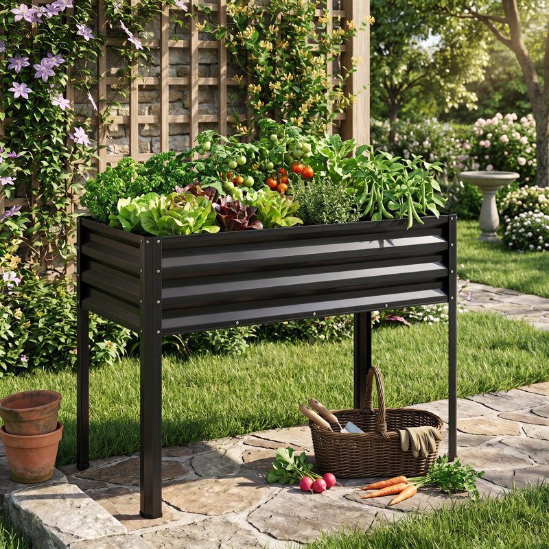 Ensemble de lit de jardin surélevé en métal antirouille à revêtement électro-enduit, pieds de support surélevés robustes et trous de drainage pré-percés, conception anticorrosion résistante aux intempéries
