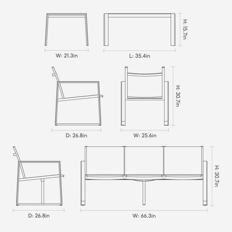 4-piece Outdoor Patio Conversation Set With Aluminum Frame, PVC-coated polyester Seating, And Spc Wood-look Coffee Table