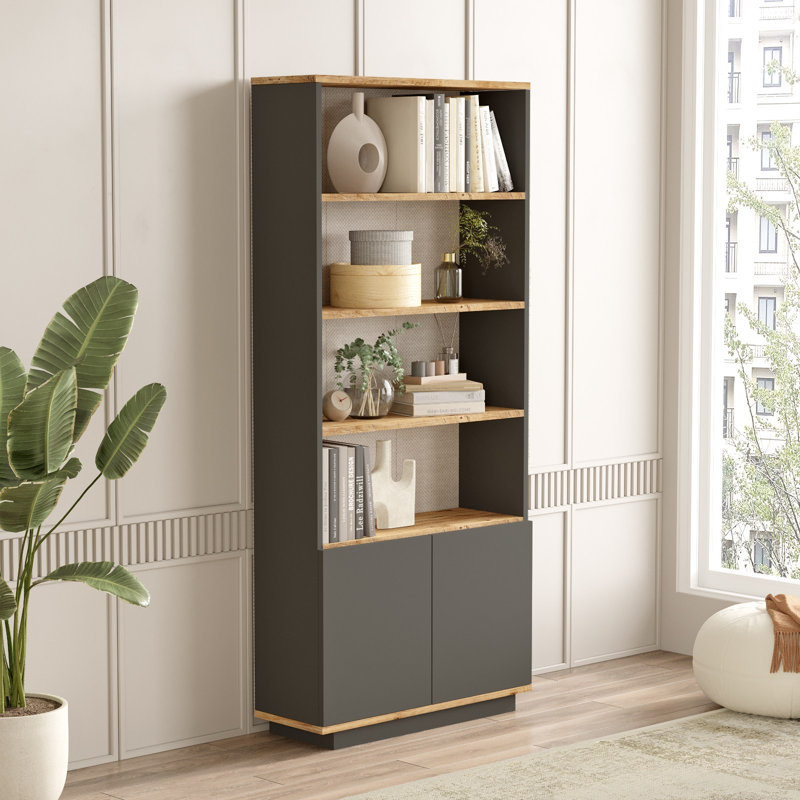 Bibliothèque moderne scandinave avec portes à pousser, 29,5 po x 66,3 po x 10,6 po | 100% panneau de particules enduit de mélamine, épaisseur: 0,7 pouce | Solution de rangement élégante pour la maison ou le bureau, design élégant
