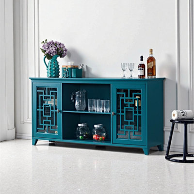 Buffet bleu sarcelle 60 po avec tablettes réglables et pieds en bois massif