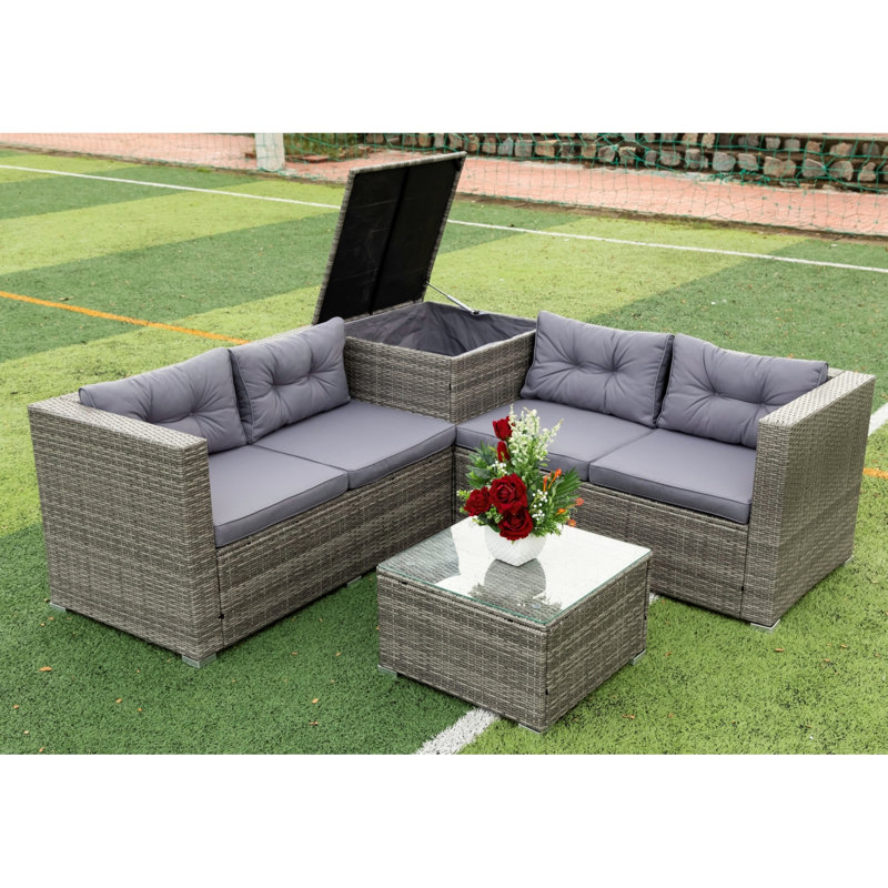 Ensemble de canapé modulaire en osier de patio 4 pièces avec boîte de rangement, Gris