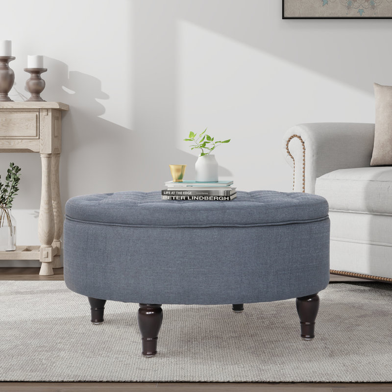 32'' Wide Tufted Round Storage Ottoman, Navy 100% Linen