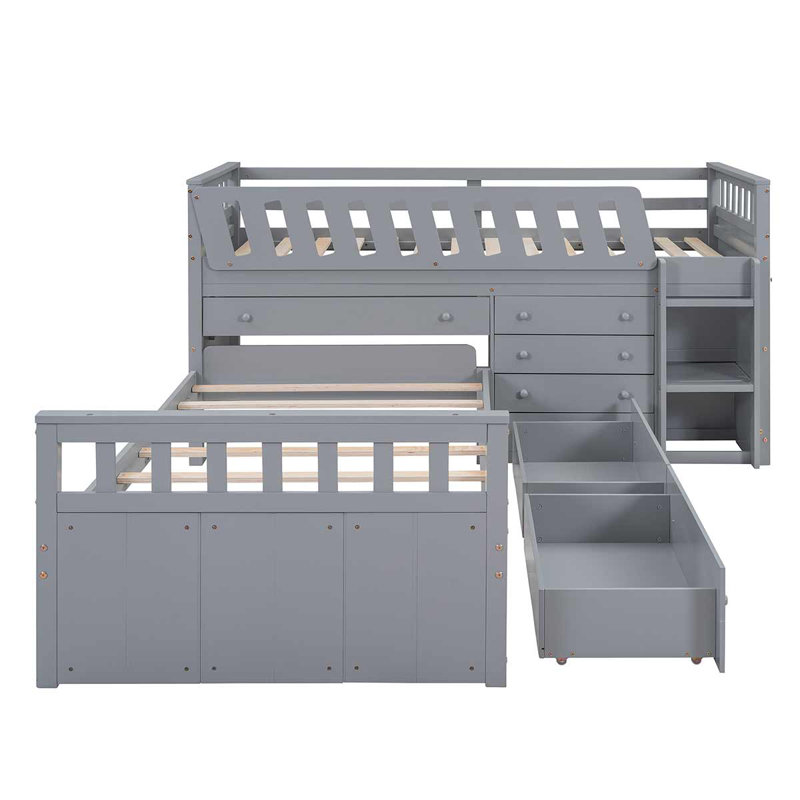 Lit mezzanine simple en L et lit plateforme simple à 7 tiroirs en forme de L, Gris