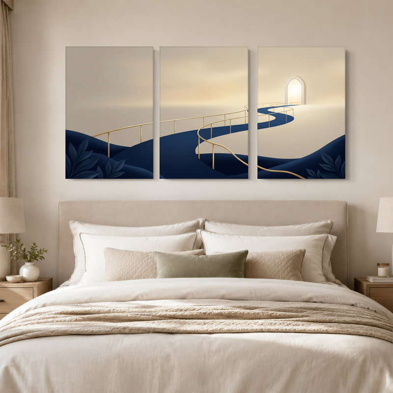 «Winding Blue Path with Gold Railings and Glowing Archway», ensemble de 3 toiles murales, H 18 po x l 12 po x 3 pièces