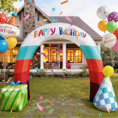 Arche gonflable Happy Birthday avec lumières DEL intégrées, boîte-cadeau, gâteau et chapeau de fête gonflable pour les fêtes d'anniversaire, décorations de jardin