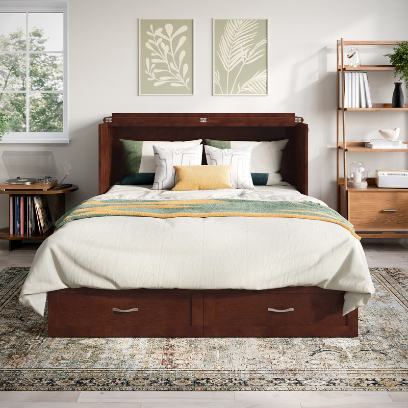 Arrisson Murphy Bed Chest with 6" Mattress, Storage & Built-in Charger, Walnut