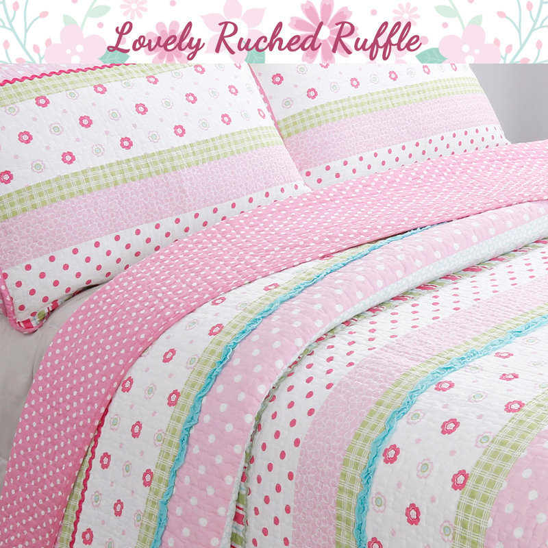 Pink Cotton Twin Reversible Kids' Quilt Set with Pillows