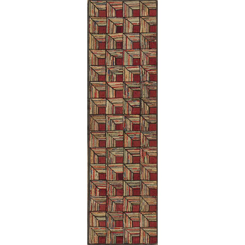 Antique Hooked Folk Art Log Cabin Design American Small Scatter Size Rug